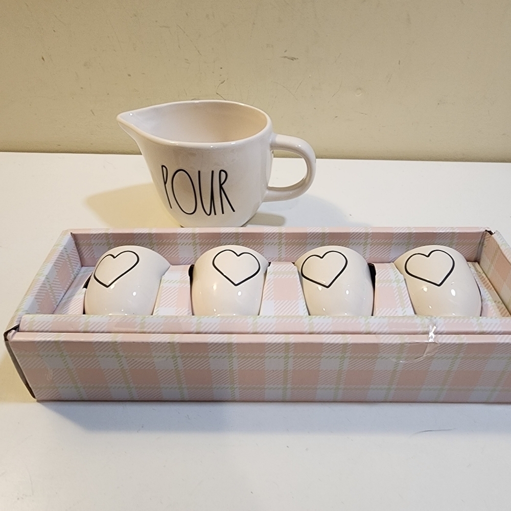 Rae Dunn By Magenta White Ceramic Pourer and Small Heart Mugs Set